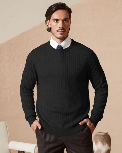 Men’s Wool Blend Cable Knit Pullover Sweater Crew Neck Long Sleeve Casual Knitwear