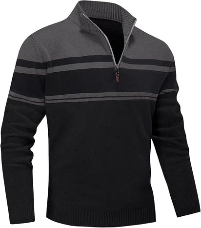 Men's Sweater 1/4 Zip Up Striped Pullover Fall Winter Color Block Polo Sweatshirts