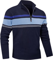 Men's Sweater 1/4 Zip Up Striped Pullover Fall Winter Color Block Polo Sweatshirts