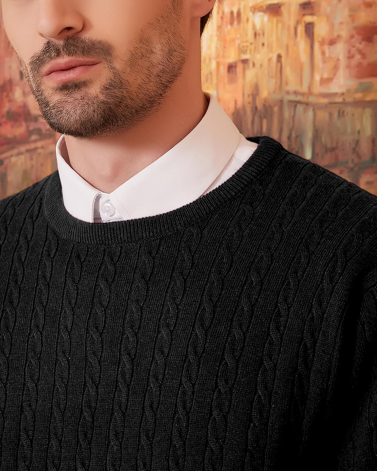 Men’s Wool Blend Cable Knit Pullover Sweater Crew Neck Long Sleeve Casual Knitwear