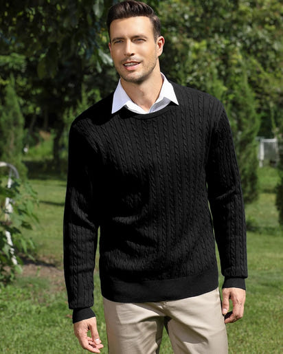 Men’s Wool Blend Cable Knit Pullover Sweater Crew Neck Long Sleeve Casual Knitwear