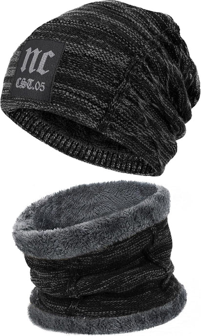 Mens Womens Winter Beanie Hat Scarf Set Warm Knit Hats Fleece Lined Winter Cap Neck Warmer for Men Women