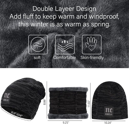 Mens Womens Winter Beanie Hat Scarf Set Warm Knit Hats Fleece Lined Winter Cap Neck Warmer for Men Women