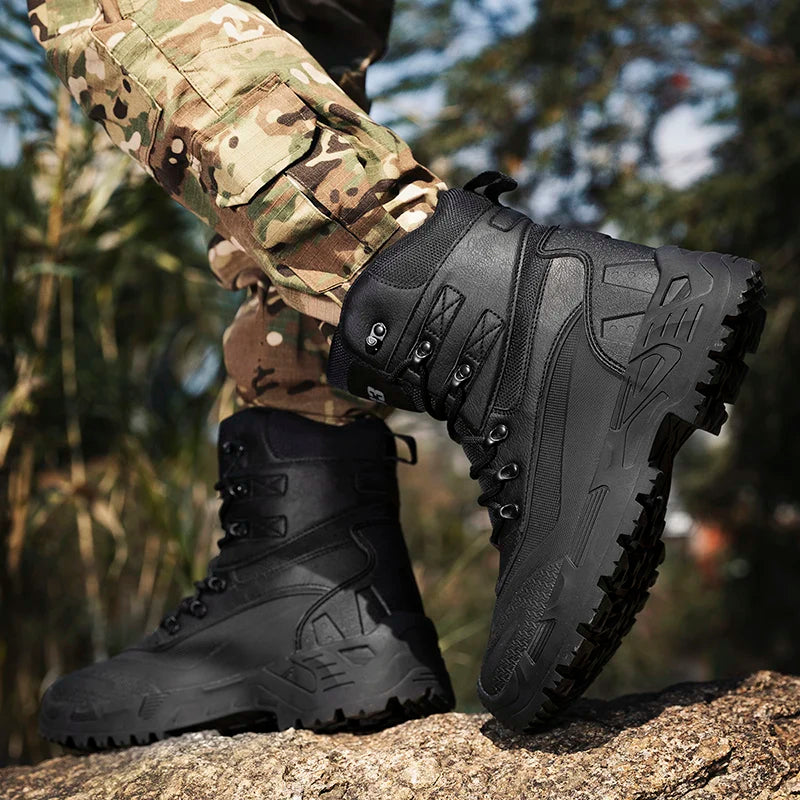 High-top Boots Men Outdoor Thick-soled Shock-absorbing Anti-slip Combat Boots Men Soft Durable Casual Lace-up Hiking Shoes Men