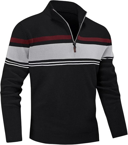 Men's Sweater 1/4 Zip Up Striped Pullover Fall Winter Color Block Polo Sweatshirts