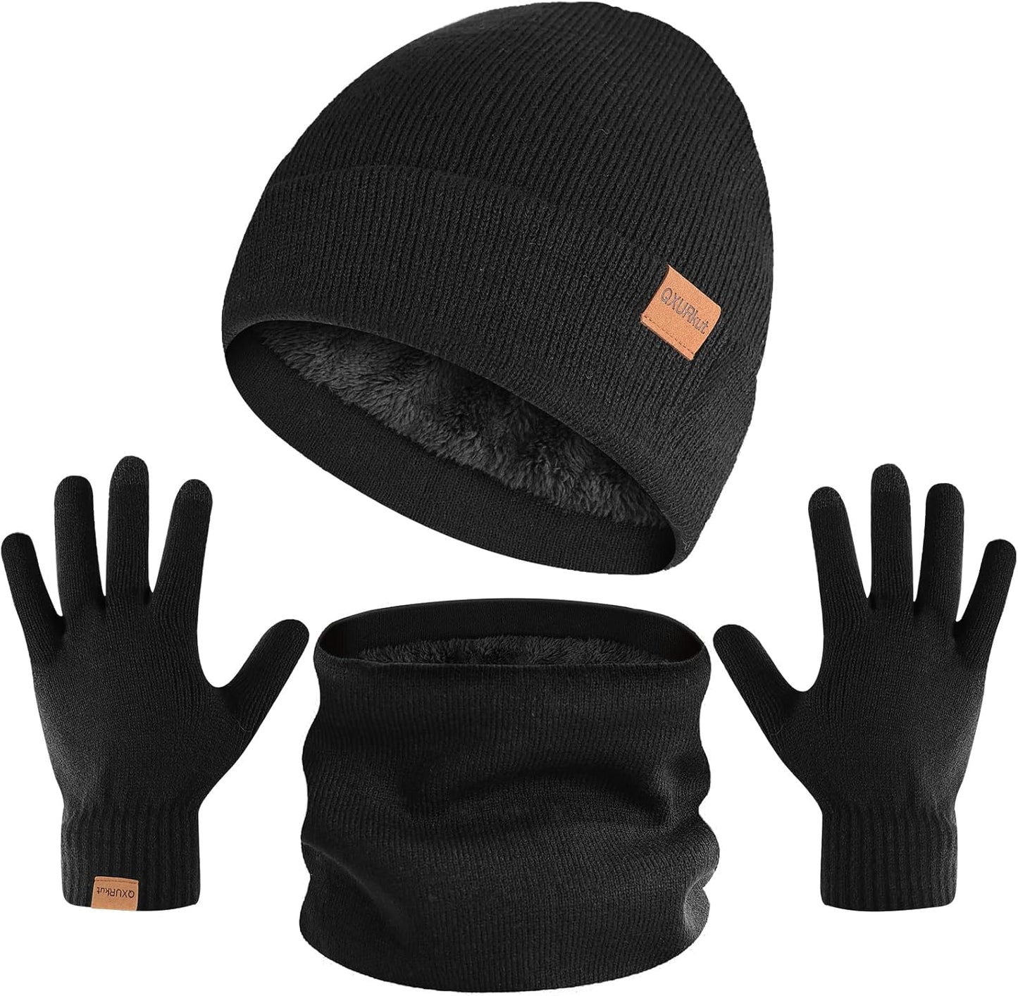 Winter Beanie Hat Scarf Gloves Set for Men Women, Warm Knitted Hat Fleece Lined Circle Neck Warmer Touchscreen Gloves
