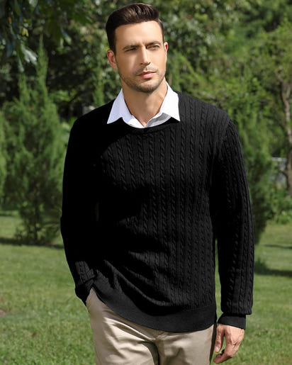 Men’s Wool Blend Cable Knit Pullover Sweater Crew Neck Long Sleeve Casual Knitwear