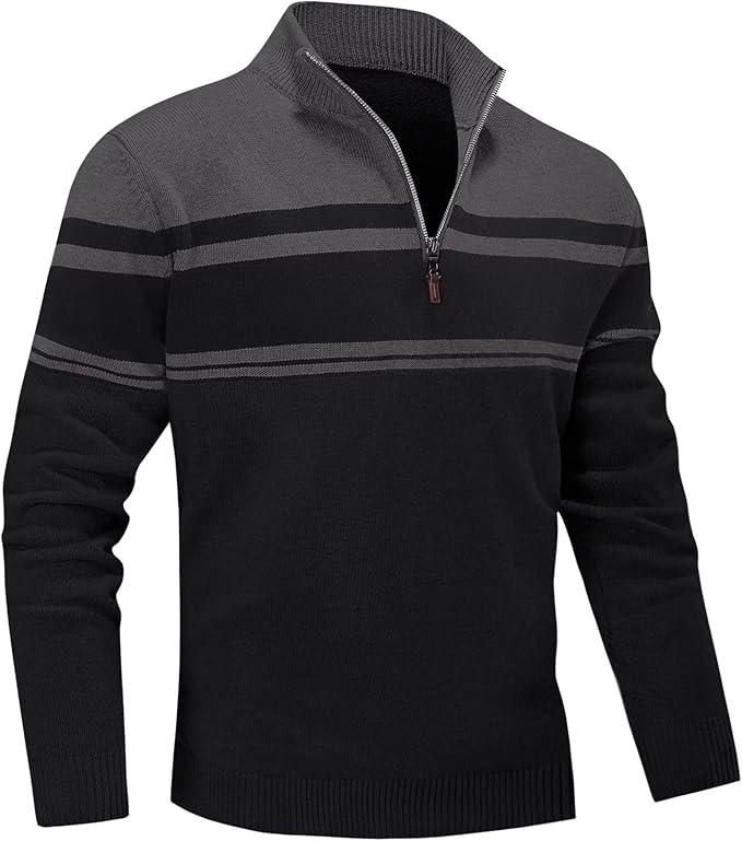 Men's Sweater 1/4 Zip Up Striped Pullover Fall Winter Color Block Polo Sweatshirts