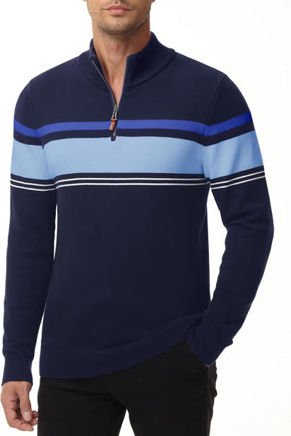 Men's Sweater 1/4 Zip Up Striped Pullover Fall Winter Color Block Polo Sweatshirts