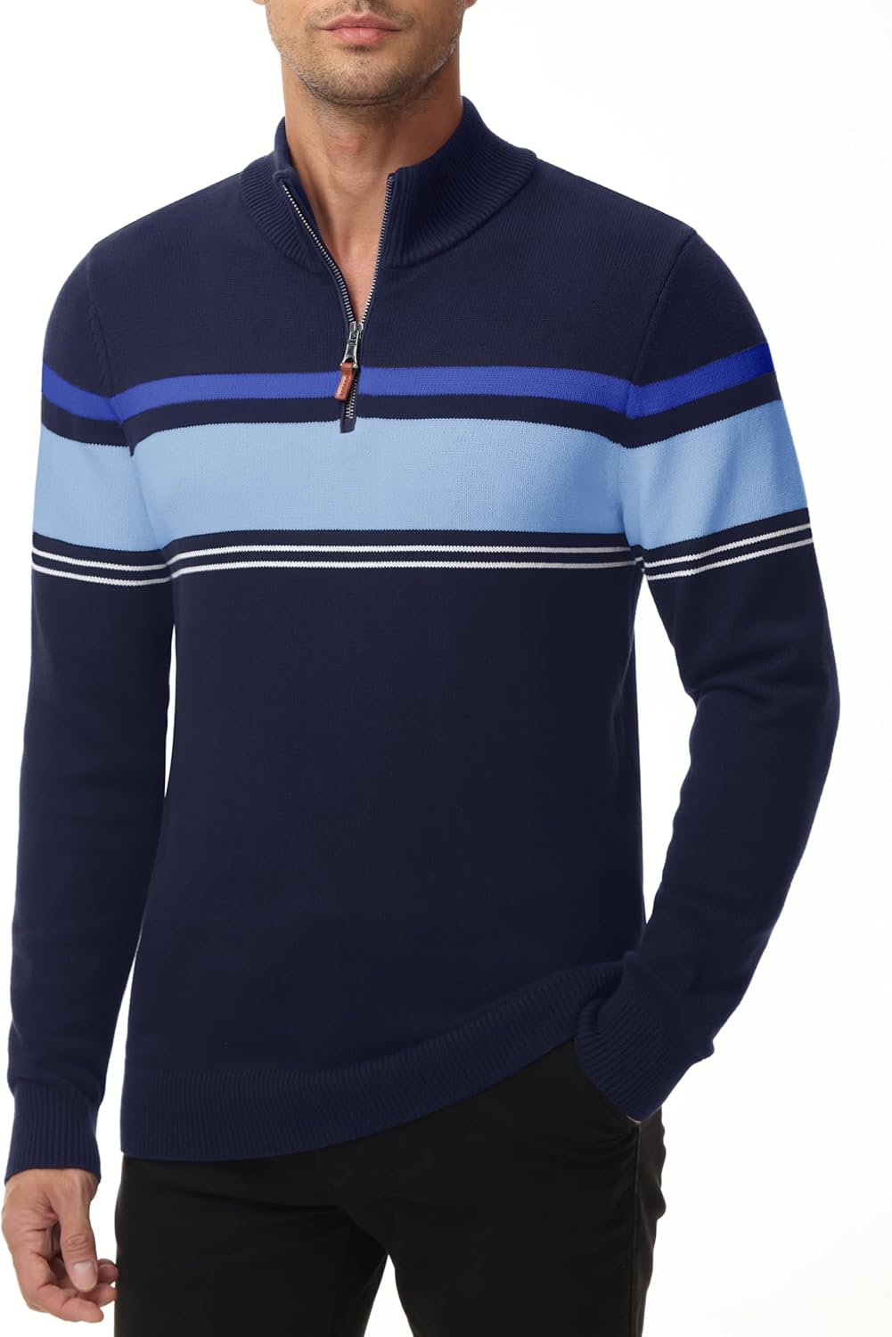 Men's Sweater 1/4 Zip Up Striped Pullover Fall Winter Color Block Polo Sweatshirts