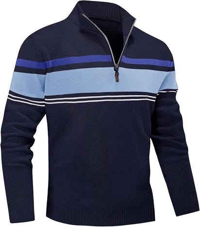 Men's Sweater 1/4 Zip Up Striped Pullover Fall Winter Color Block Polo Sweatshirts