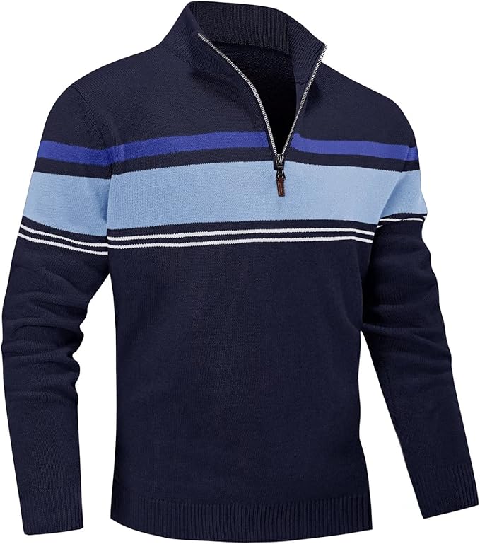 Men's Sweater 1/4 Zip Up Striped Pullover Fall Winter Color Block Polo Sweatshirts