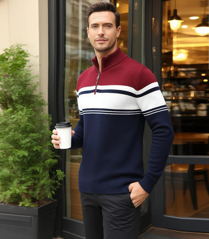 Men's Sweater 1/4 Zip Up Striped Pullover Fall Winter Color Block Polo Sweatshirts
