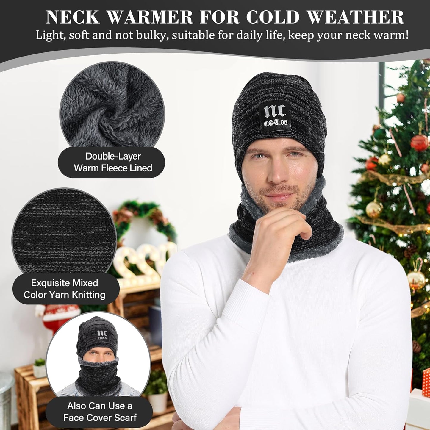 Mens Womens Winter Beanie Hat Scarf Set Warm Knit Hats Fleece Lined Winter Cap Neck Warmer for Men Women