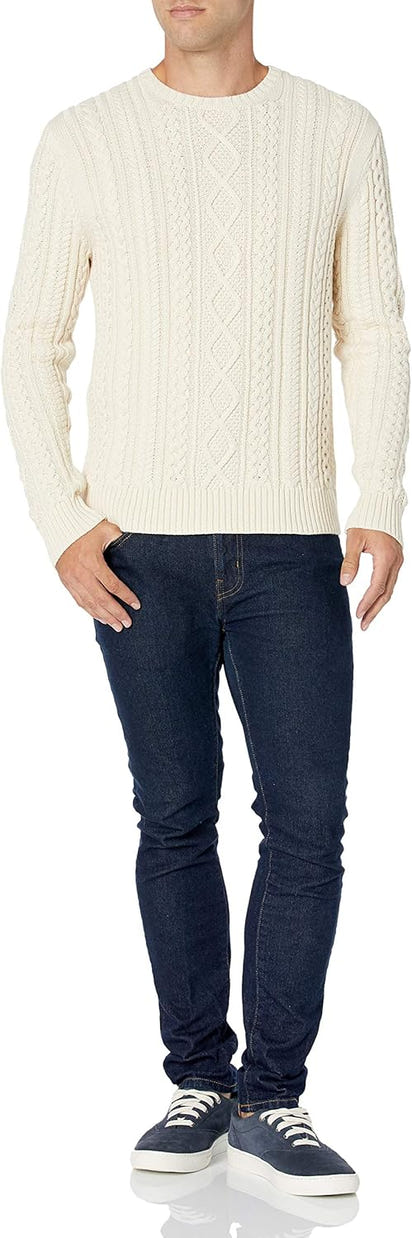 Mens Long-Sleeve 100% Cotton Fisherman Cable Crewneck Sweater