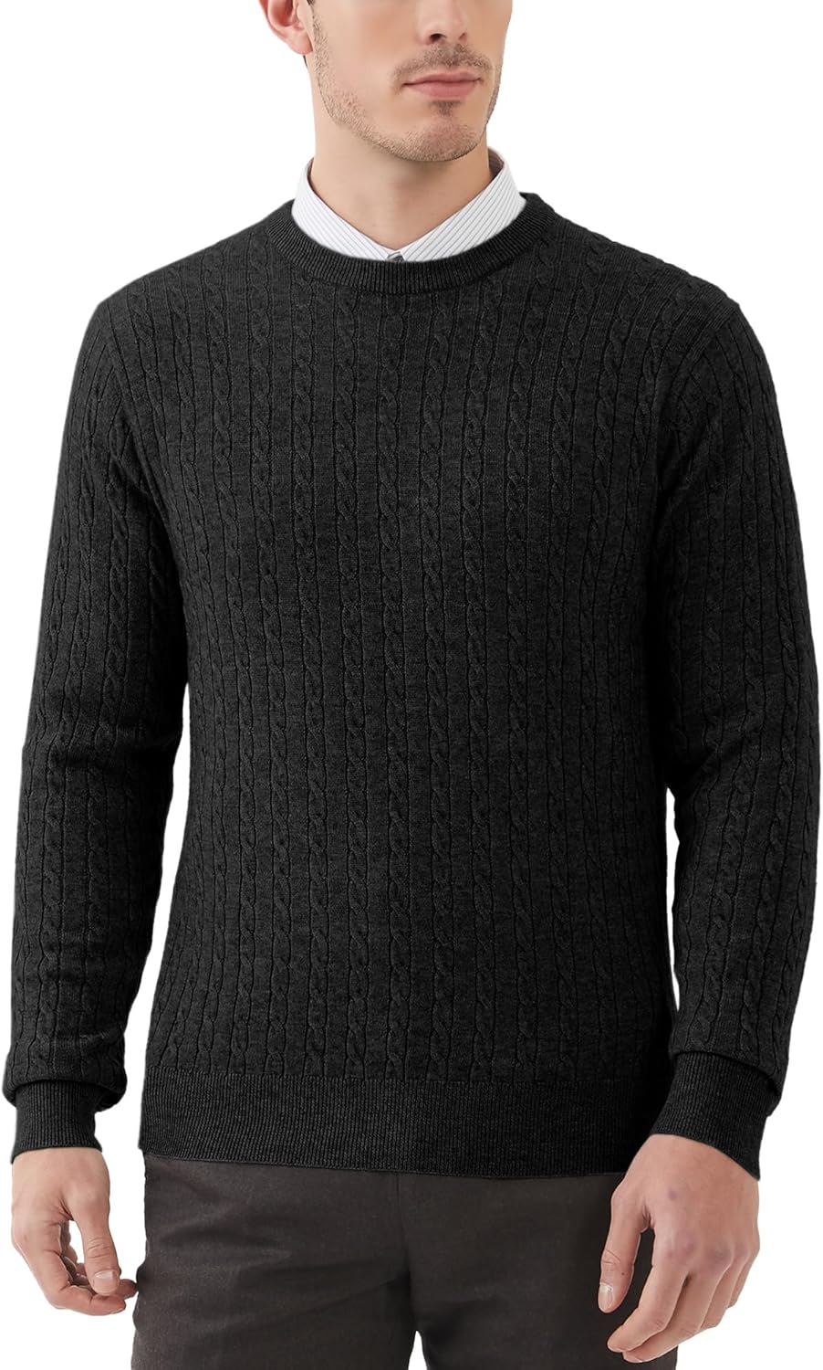 Men’s Wool Blend Cable Knit Pullover Sweater Crew Neck Long Sleeve Casual Knitwear