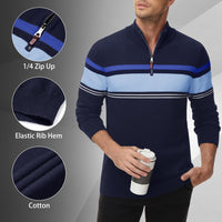Men's Sweater 1/4 Zip Up Striped Pullover Fall Winter Color Block Polo Sweatshirts