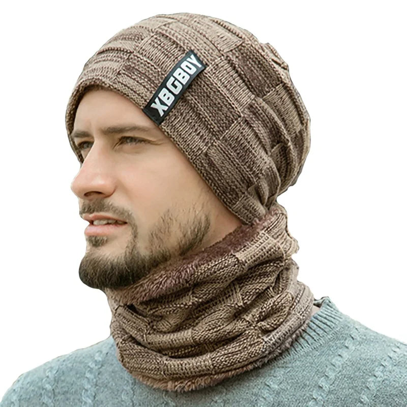 Beanie Hat Scarf Set Men Autumn Winter Fluffy Knitted Cap Neck Warmer Headwear Sportswear