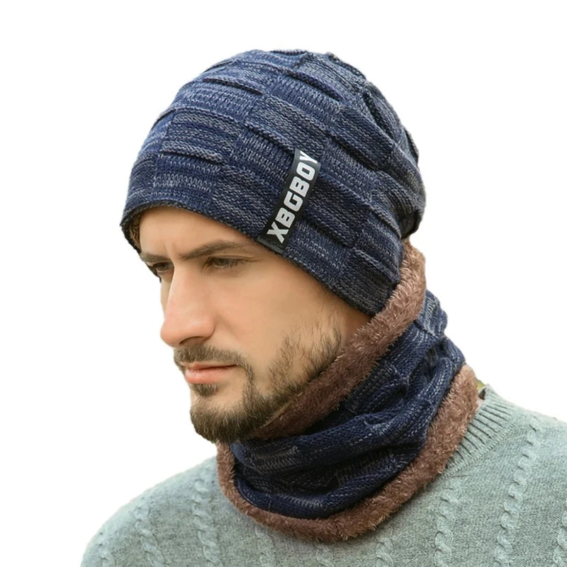 Beanie Hat Scarf Set Men Autumn Winter Fluffy Knitted Cap Neck Warmer Headwear Sportswear