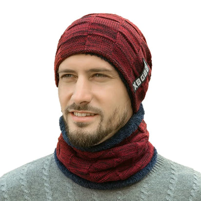 Beanie Hat Scarf Set Men Autumn Winter Fluffy Knitted Cap Neck Warmer Headwear Sportswear