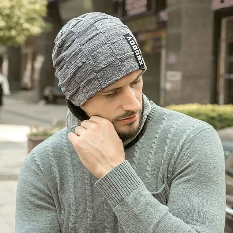 Beanie Hat Scarf Set Men Autumn Winter Fluffy Knitted Cap Neck Warmer Headwear Sportswear