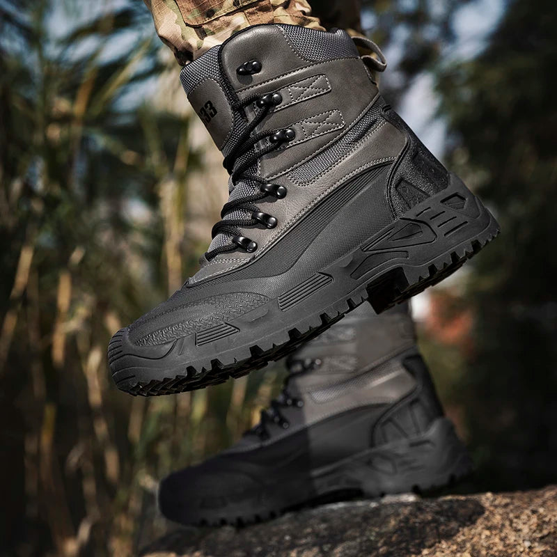 High-top Boots Men Outdoor Thick-soled Shock-absorbing Anti-slip Combat Boots Men Soft Durable Casual Lace-up Hiking Shoes Men