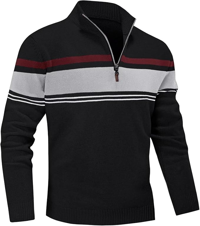 Men's Sweater 1/4 Zip Up Striped Pullover Fall Winter Color Block Polo Sweatshirts